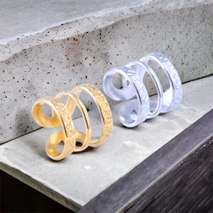 Stainless steel hammered 3 row cuff ring. Gold, silver, adjustable.