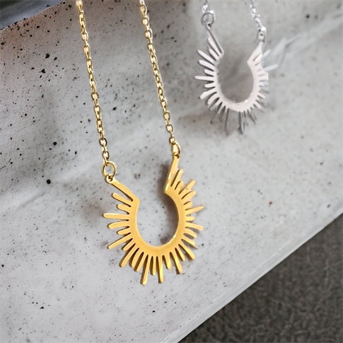 Stainless steel sunshine necklace. Gold or silver, waterproof.