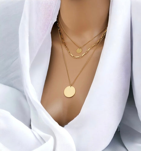 Stainless steel layered disc necklace. Gold, waterproof.