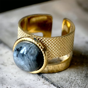 Stainless steel grey natural stone cuff ring. Gold, waterproof.