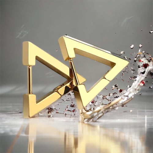 Stainless steel tiny triangle huggies. Waterproof, gold earrings.