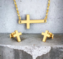 Stainless steel sideways cross necklace set. Gold, waterproof.