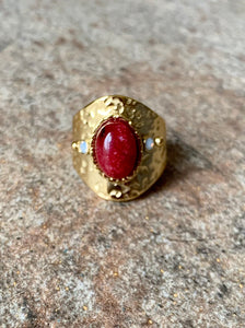 Stainless steel Russet red natural stone cuff ring. Gold, adjustable.