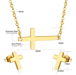 Stainless steel sideways cross necklace set. Gold, waterproof.