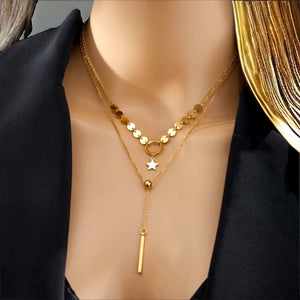 Stainless steel layered bar charm necklace. Gold, waterproof.