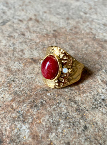 Stainless steel Russet red natural stone cuff ring. Gold, adjustable.