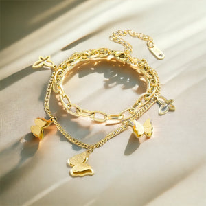 Stainless steel, sand pressed, butterfly charm bracelet. Gold, waterproof.