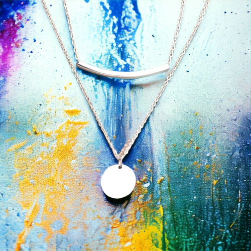 Stainless steel bar and disc necklace. Silver, waterproof.