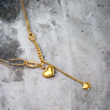 Stainless steel heart and star drop necklace. Gold, waterproof.