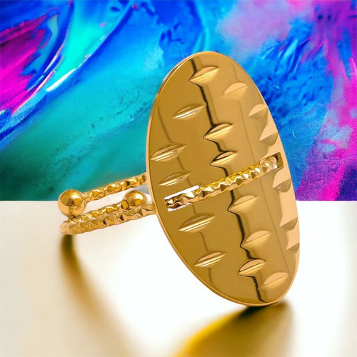 Stainless steel textured fine oval ring. Gold, waterproof