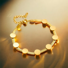 Stainless steel snake chain disc bracelet. Gold, waterproof.