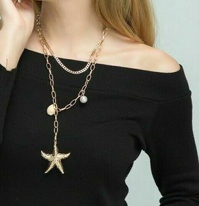 GOLD Layered Pearl Natural Shell Metal Starfish Necklace