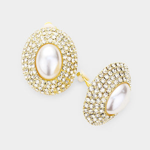 ELEGANT STATEMENT Vintage Gold CLIP ON BIG Pearl Crystal Earrings