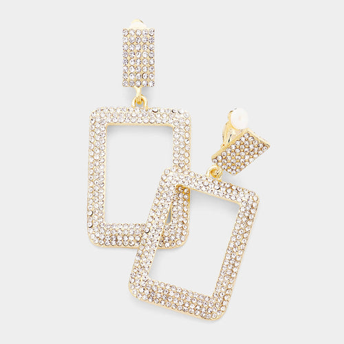 Statement Long CLIP ON Gold Clear Crystal Rectangle Earrings