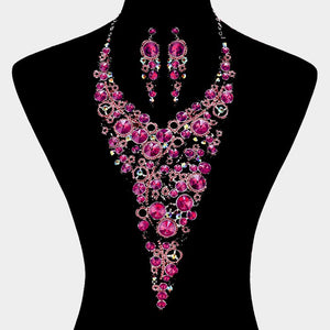 LUXE Statement Silver Fuchsia Pink Crystal Long Bib Necklace Set