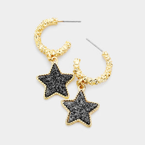 UNUSUAL Gold Black Druzy Textured Metal Star Hoop Earrings