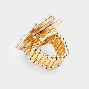 STATEMENT Gold Sparkling Clear Crystal Stretch Cocktail Ring