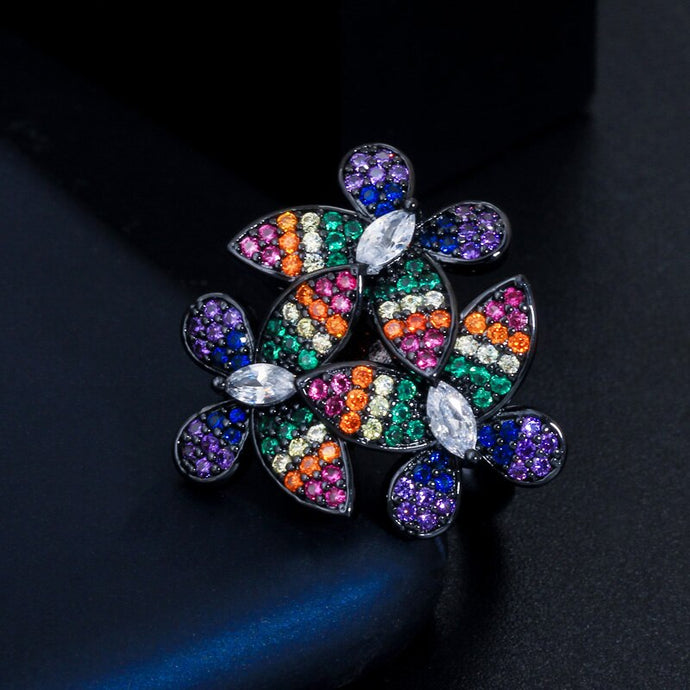 LUXE Black Multi Colour CZ Adjustable Open Cuff Butterfly Ring