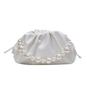 VEGAN LEATHER White Pearl Chain Lydia Clutch Bag Shoulder Handbag