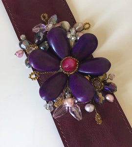 Fresh Water Pearl Multi Crystal Purple Leather Cuff Bracelet