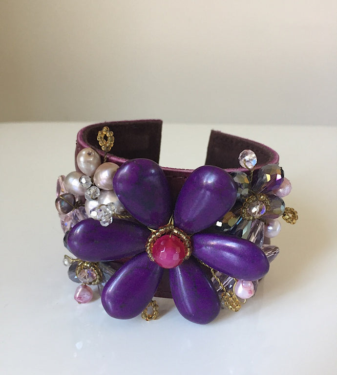 Fresh Water Pearl Multi Crystal Purple Leather Cuff Bracelet
