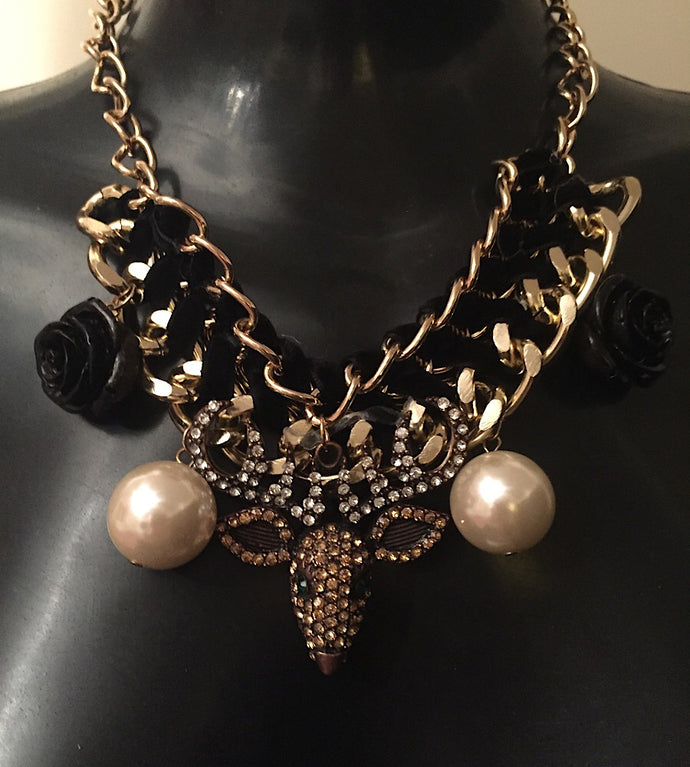 Statement Glam Gold Crystal Deer Head Pearl Gold Collar Necklace