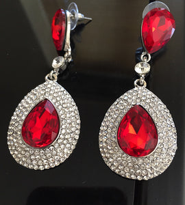 GLAM Silver Siam Red Tear Drop Pave Crystal 3" Cocktail Earrings