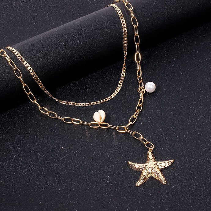 GOLD Layered Pearl Natural Shell Metal Starfish Necklace
