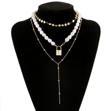 Gold Layered Pearl Lock Choker Long Adjustable 3 Necklace Set