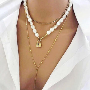 Gold Layered Pearl Lock Choker Long Adjustable 3 Necklace Set