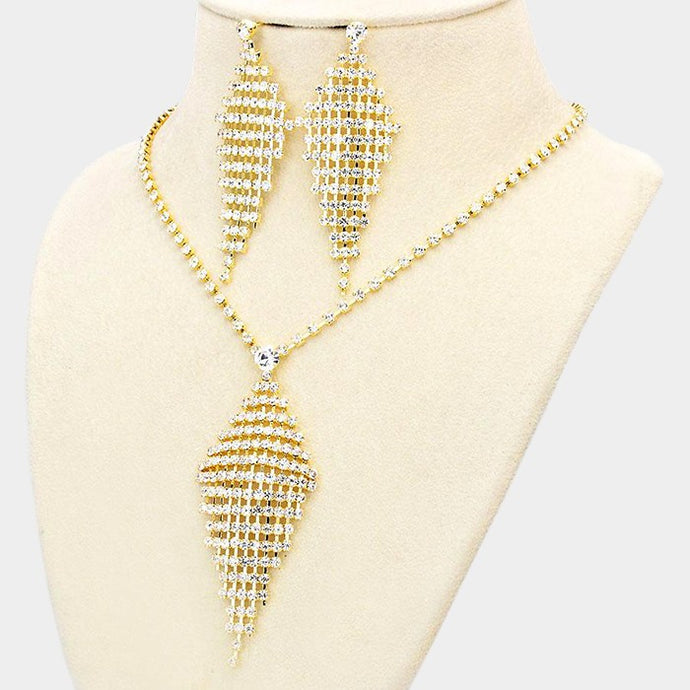 Celeb Dainty Gold Lattice Clear Crystal Cocktail Necklace Set