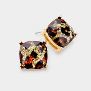 GLAM Gold Glitter Stone Crystal Animal Leopard BIG Stud Earrings