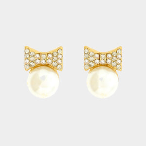 UNDERSTATED Gold Pearl Crystal Bow Stud Cocktail Bridal Earrings