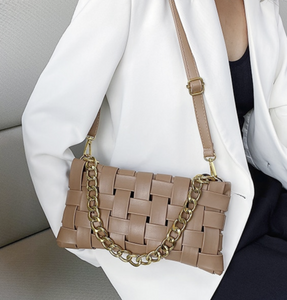 VEGAN LEATHER Tan Brown Braided Chain Bella Shoulder Bag Handbag