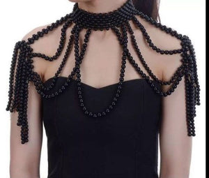 LUXE  Unusual Statement Black Pearl Full Shoulder Necklace Body Chain