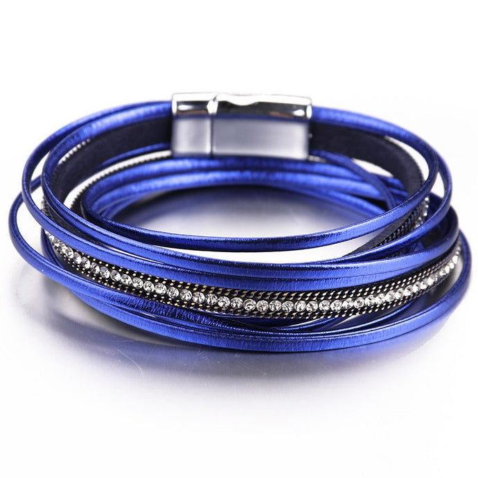 Vibrant Blue Super Shine leather Crystal Magnetic Bracelet