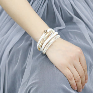 Layered Gold White leather Charm Crystal Magnetic Bracelet