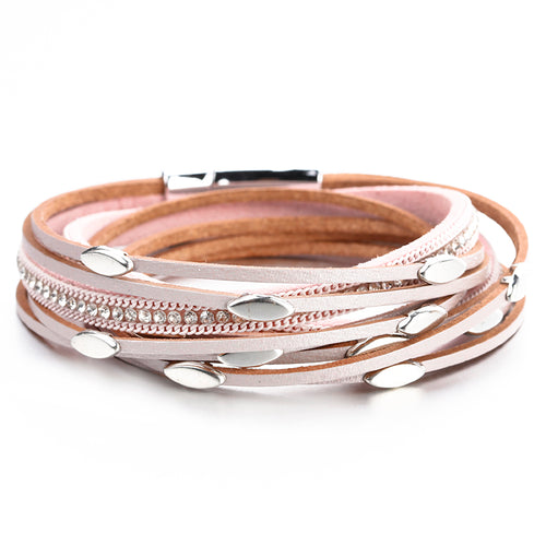 Layered Silver Pink leather Charms Magnetic Fastening Bracelet