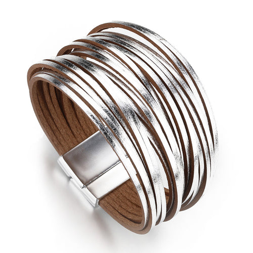 Layered Silver Super Shine leather Magnetic Fastening Bracelet