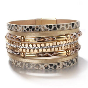 Layered Gold leather Chain Snake Crystal Magnetic Bracelet