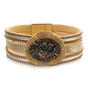 Layered Gold Beige leather Resin & Crystal Magnetic Bracelet