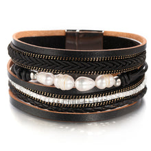 Layered Silver Black Leather Pearl Crystal Magnetic Bracelet