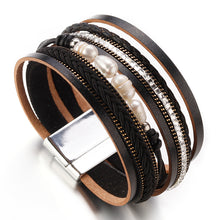 Layered Silver Black Leather Pearl Crystal Magnetic Bracelet