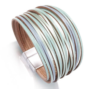 Layered Silver Blue & Green Shades Super Shine leather Magnetic Bracelet