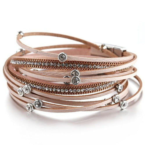 Layered Silver Pink leather Crystal Magnetic Fastening Bracelet