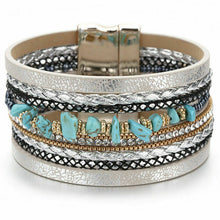 Layered Silver Grey leather Crystal Turquoise Magnetic Bracelet