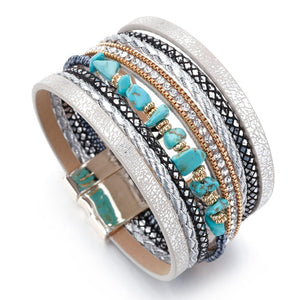 Layered Silver Grey leather Crystal Turquoise Magnetic Bracelet
