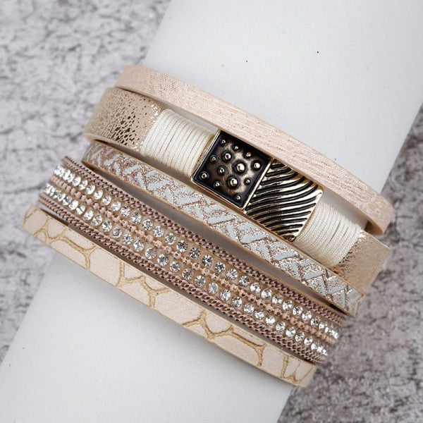 Layered Gold Beige leather Chain Crystal Magnetic Bracelet