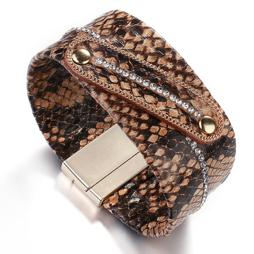 Gold Brown Black leather Snake Crystal Magnetic Bracelet