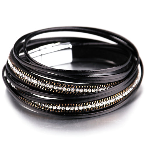 Layered Black Super Shine leather Crystal Magnetic Bracelet